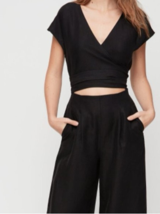Wilfred Pants - Wilfred Brax Linen Blend Jumpsuit Cut Out Wrap Top Wide Leg Cropped
